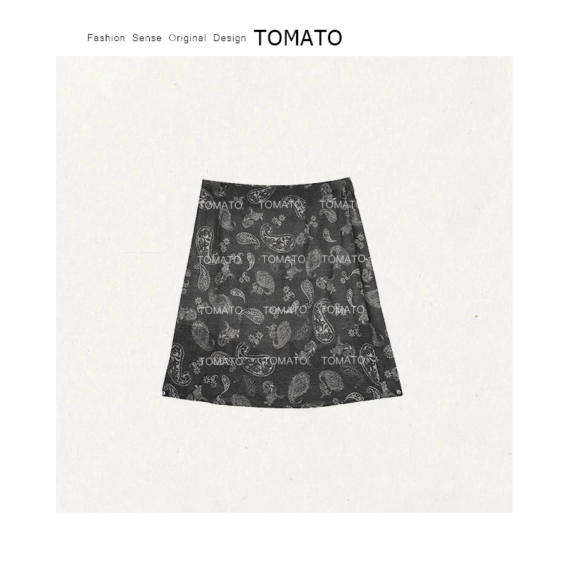 【TomaTo】遇夏 夏季时尚复古腰果花侧拉链中腰原创半身裙C25Q06121