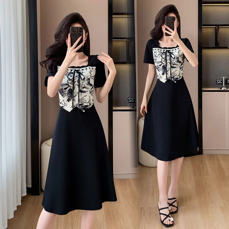 高端时尚裙2025夏季新款国风印花拼接假两件大码女装显瘦连衣裙