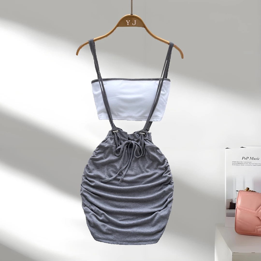 法式洋气纯欲辣妹带胸垫短款吊带小背心褶皱包臀吊带短裙品质女装