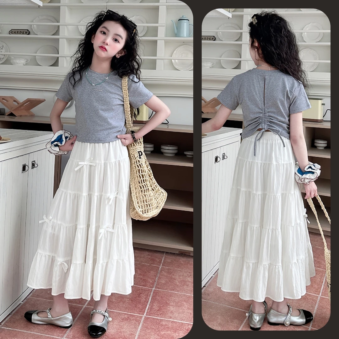 女童夏季时尚简约T恤蝴蝶结裙套装6~12岁洋气高腰百搭中大童潮款