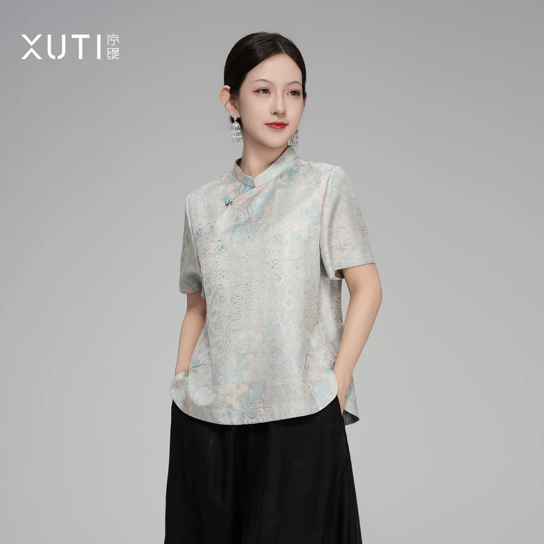 序缇『春意阑珊』夏季复古国风新中式女装桑蚕丝螺钿上衣J37-16653