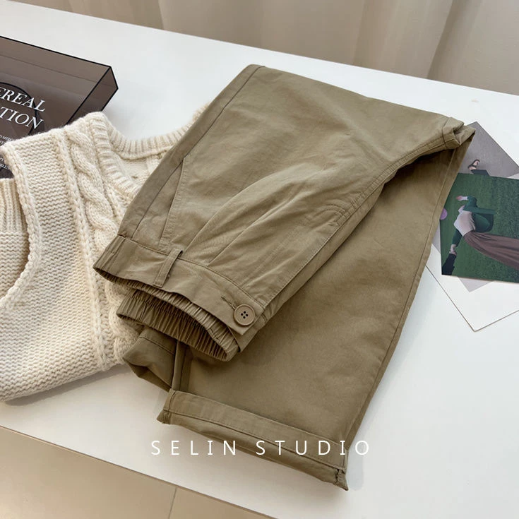 日系高腰阔腿工装裤女夏季薄款休闲哈伦裤子百搭萝卜裤老爹九分裤