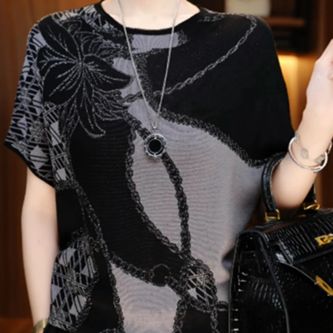 针织圆领宽松常规款百搭半袖T恤短袖休闲印花透气