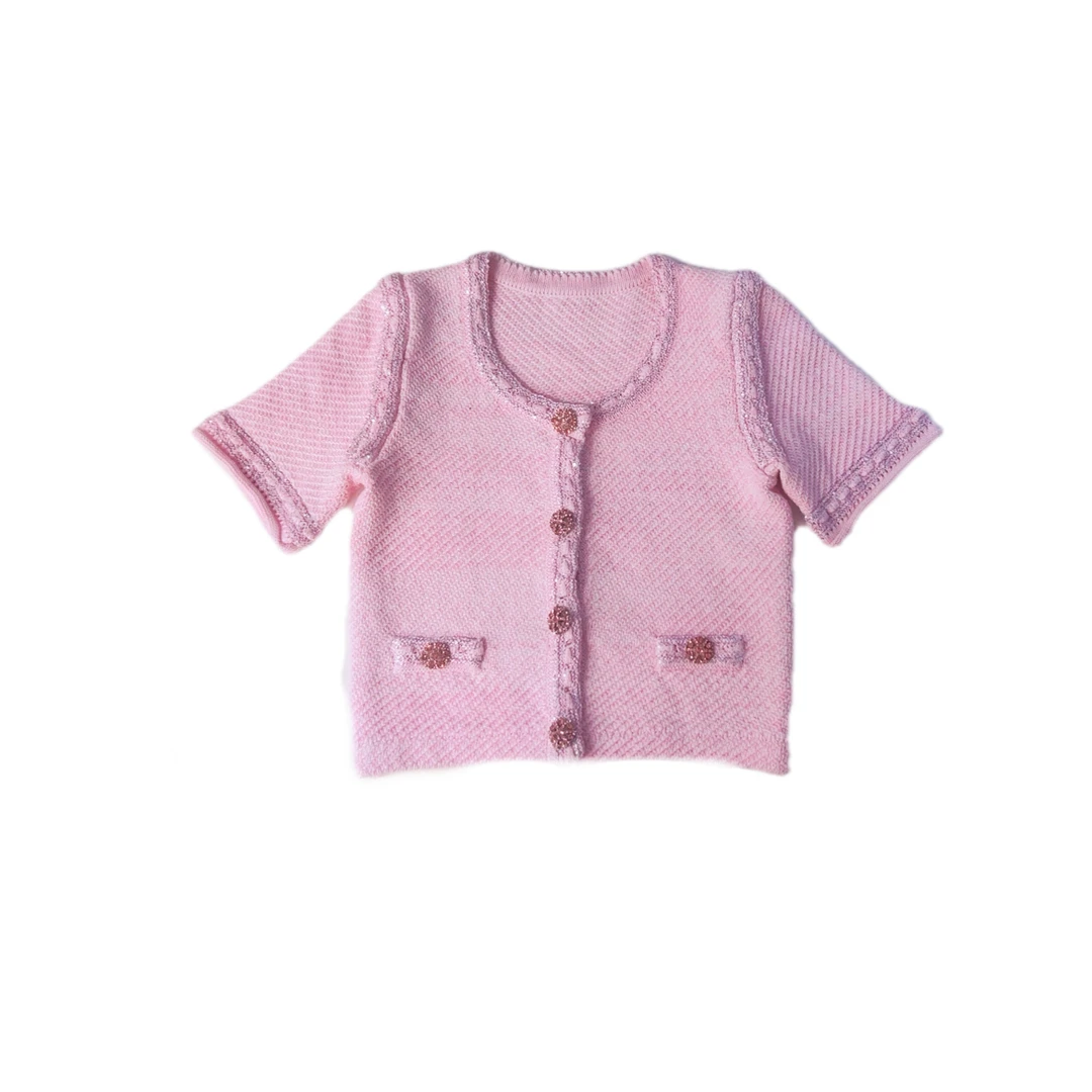 <猪猪出品>2025春夏上新小香风洋气樱花粉圆领V领甜美针织衫