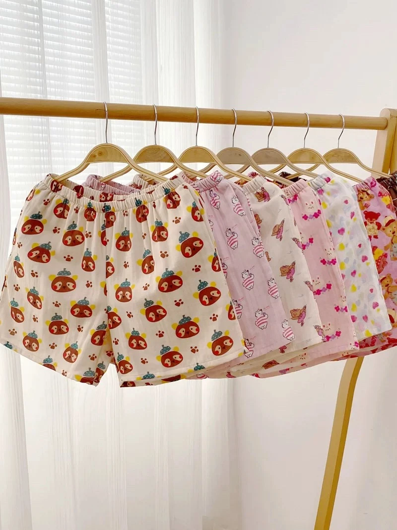 纯棉双层纱布睡裤女短裤夏季薄款卡通可爱宽松大码家居沙滩热裤