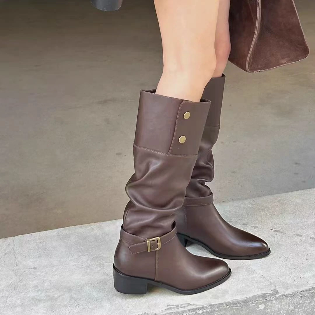 法式尖头不过膝长筒靴女年秋冬加绒百搭粗跟西部牛仔骑士靴7-12CG