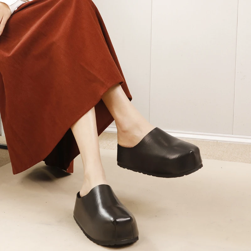 谜丫蜜原创厚底面包鞋女2025年春夏新款水洗牛皮包头内增高凉拖鞋