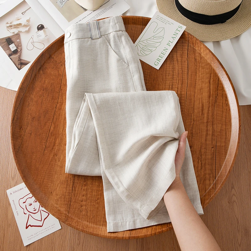 天丝亚麻窄版阔腿裤女士夏季薄款2025新款时尚高腰显瘦垂感休闲裤