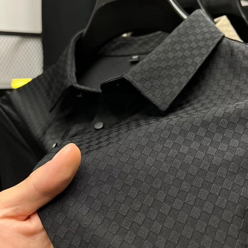 特大码300斤轻奢新款提花格子高端流光风桑蚕夏男款凉感防晒POLO