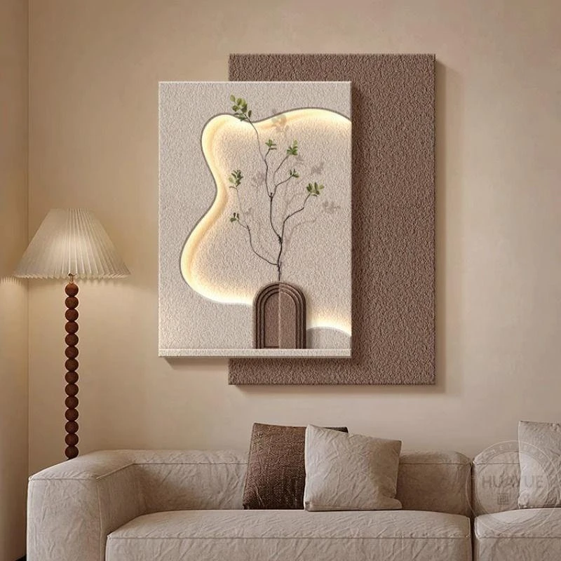 侘寂风客厅装饰画高级感沙发背景墙挂画立体砂岩玄关绿植发光灯画