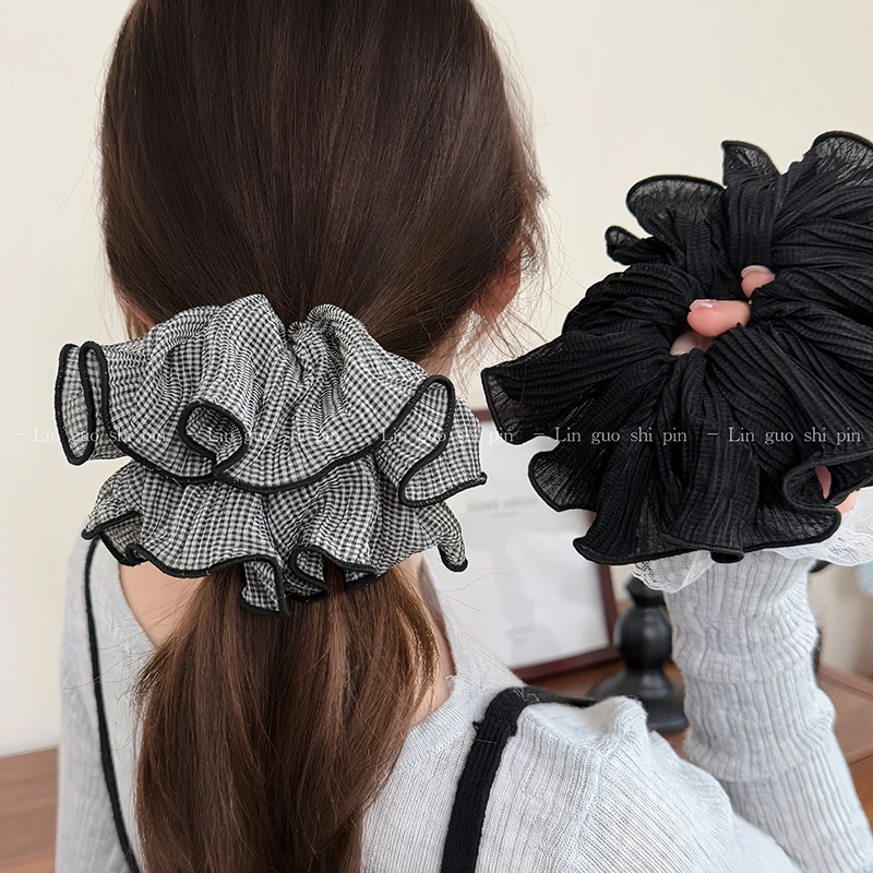 气质灰条纹蕾丝大肠发圈飘带头绳发饰少女ins扎头盘发丸子头发绳