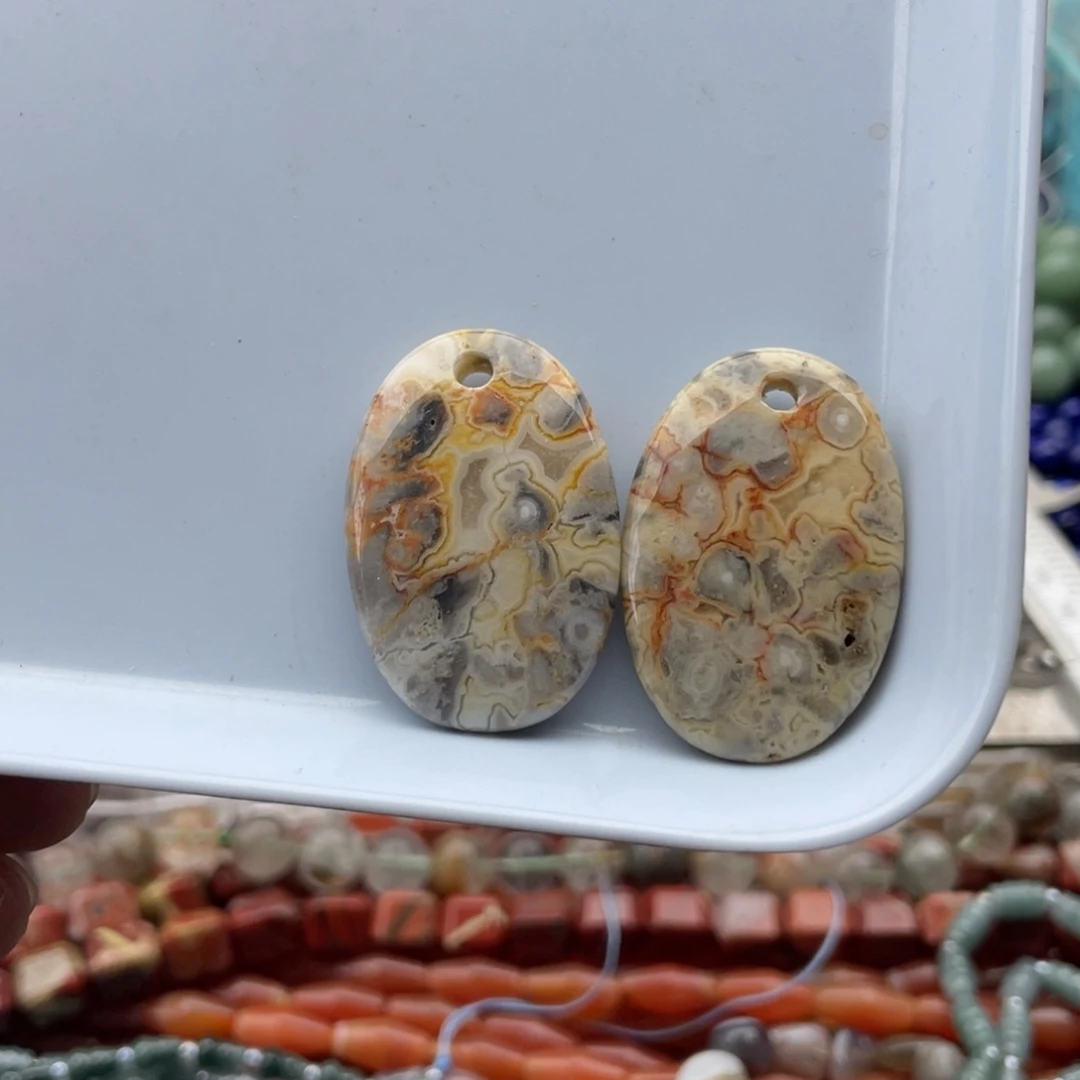 玛瑙/玉髓合金珠宝半成品打包两个疯狂玛瑙椭圆吊坠25^37mm