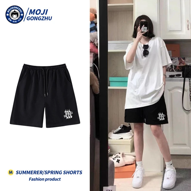 潮牌运动短裤女夏季黑色百搭显瘦中裤大码宽松直筒休闲阔腿五分裤