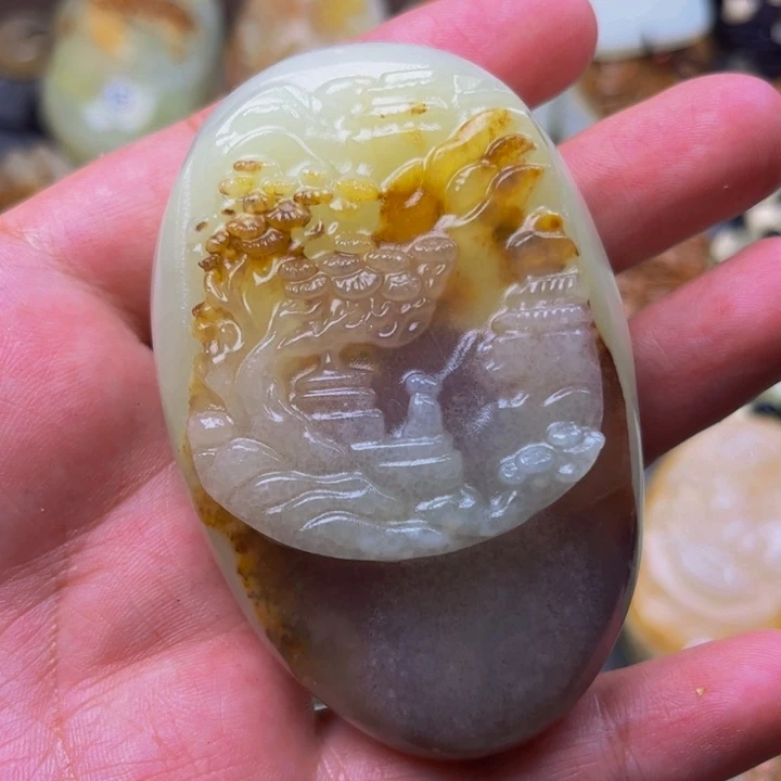 石材方解石手把件山水