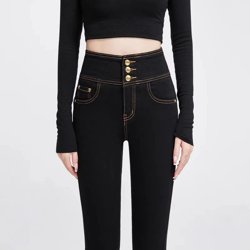 加绒加厚蜜桃臀牛仔裤女秋冬季新款铅笔裤高腰显瘦提臀紧身小脚裤