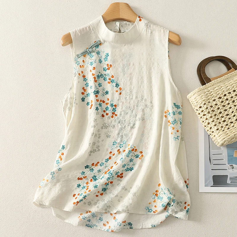 2025夏季时尚新款复古洋气通勤百搭衬衫亚麻无袖新中式防晒夏上衣