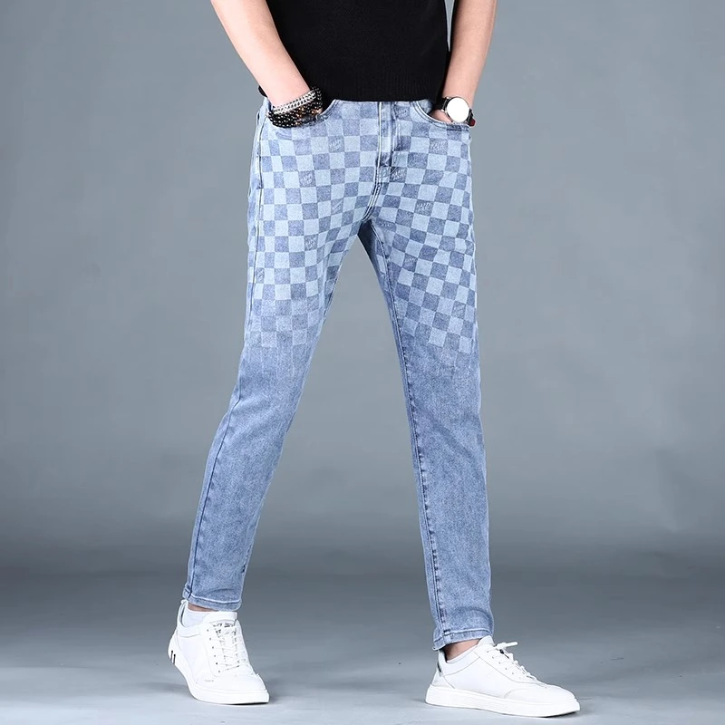 Cebrodz香港高端牛仔裤男夏季薄款印花修身小脚裤男宽松休闲长裤