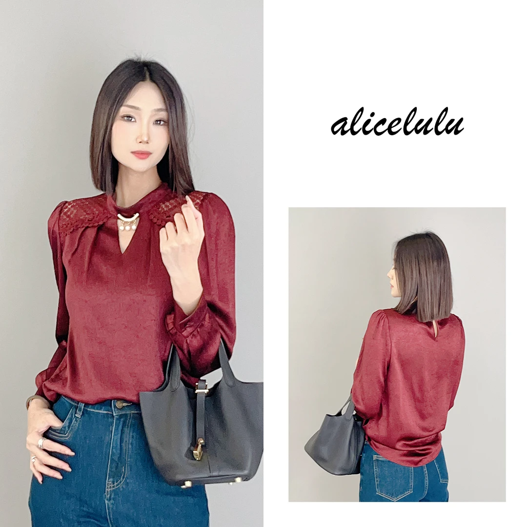 6 alicelulu “情深枣红”衬衫 小心机 蕾丝刺绣 S1034255Q