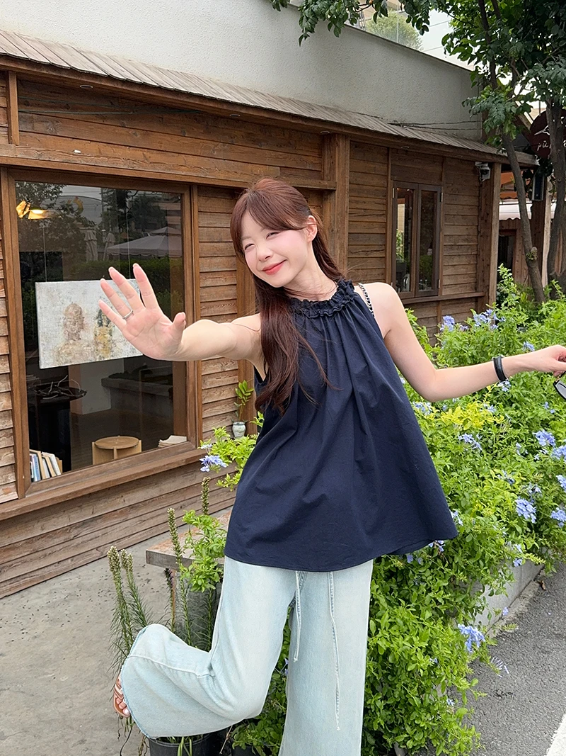 花边挂脖上衣女夏无袖背心小衫