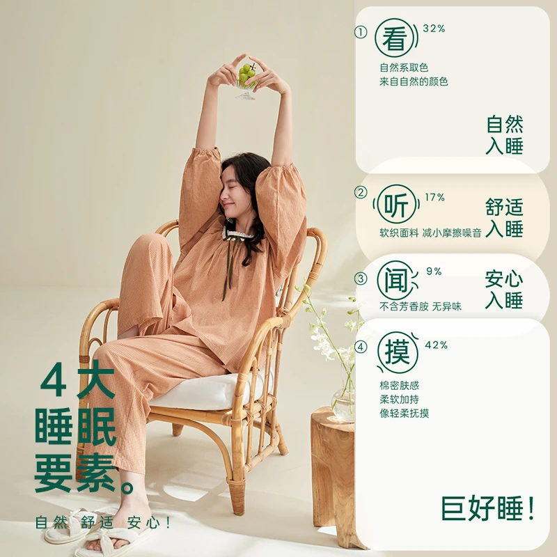 安之伴【梭织棉布】睡衣女春季纯棉套装甜美格子家居服82511121846