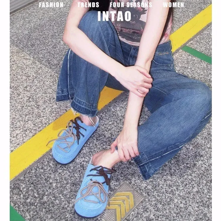 徐艺洋明星同款炫酷蓝色系带勃肯鞋半拖女2025新款懒人半包头单鞋