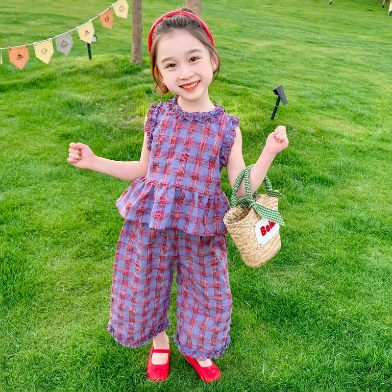 女宝宝无袖格子花边阔腿裤套装夏季2025新款小女孩薄款背心两件套