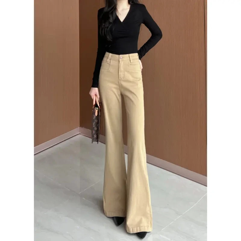 卡其色微喇牛仔裤女秋冬季不贴腿小个子高腰显瘦喇叭拖地裤