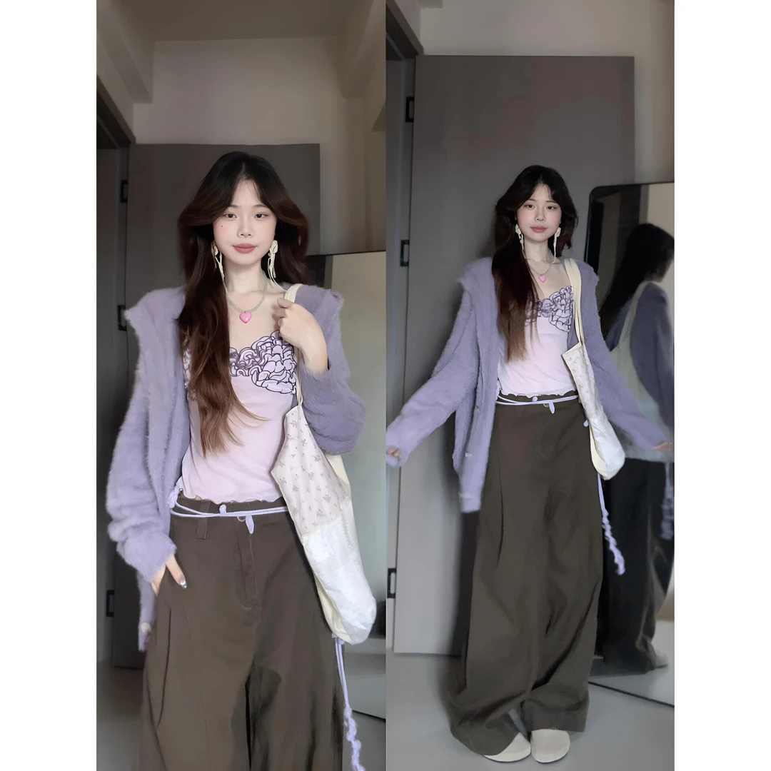 MARIE.COCO韩系多巴胺木耳边吊带背心紫色毛衣外套阔腿裤三件套装
