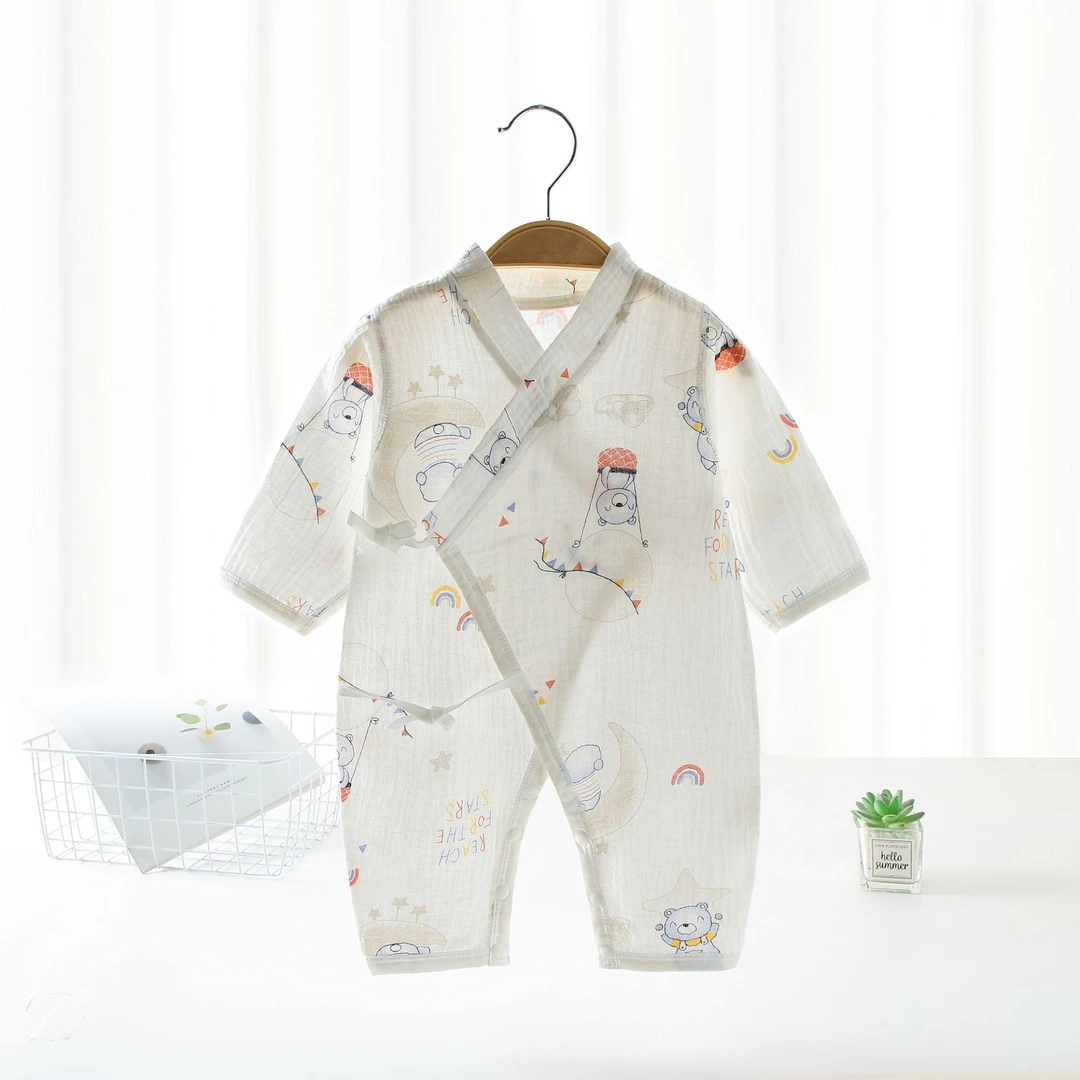 夏季薄款无骨纱布纯棉连体衣宝宝新生儿新生婴婴儿幼儿长袖春秋