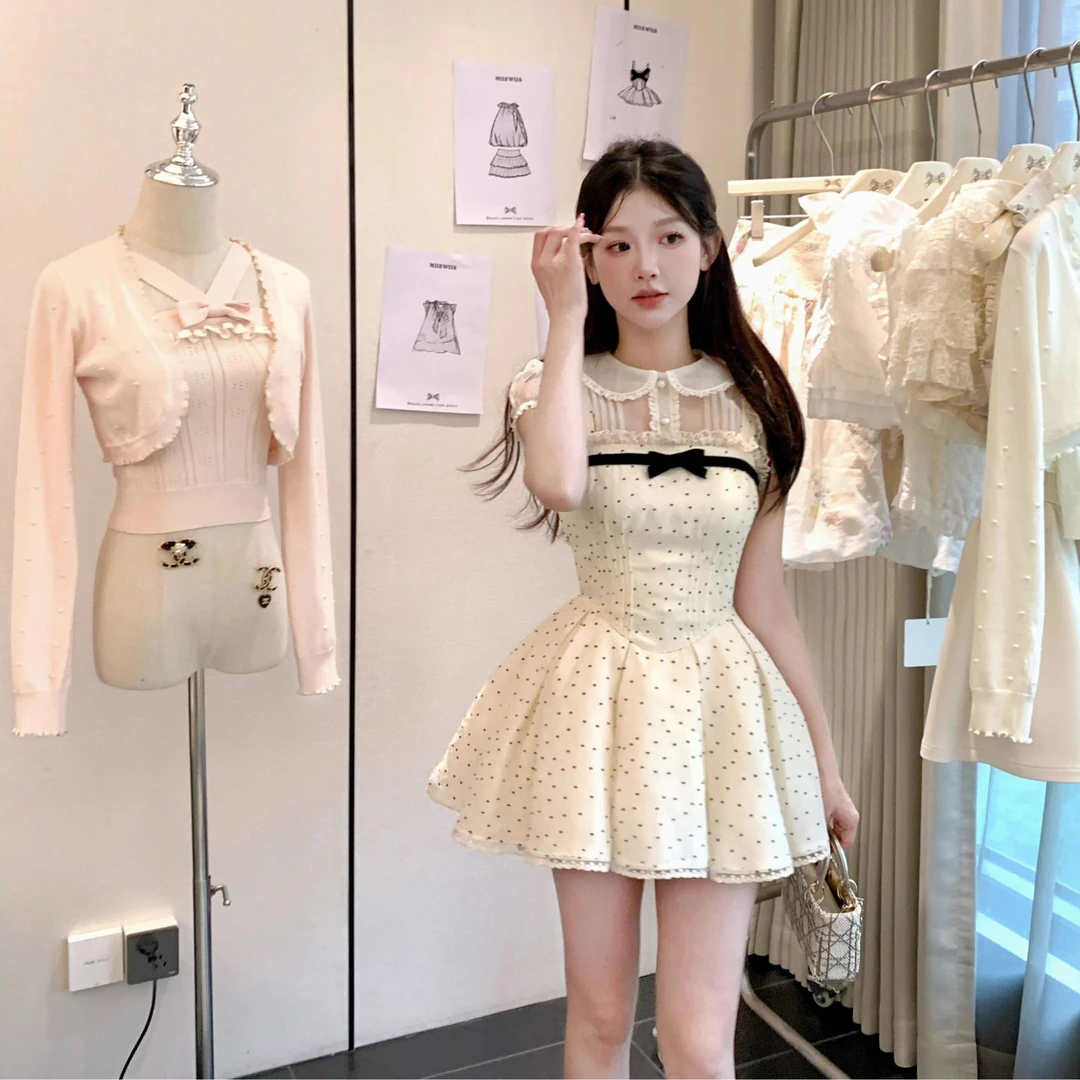 「天鹅湖」重工系列欧根纱缎面裙撑蝴蝶结复古波点连衣裙-1