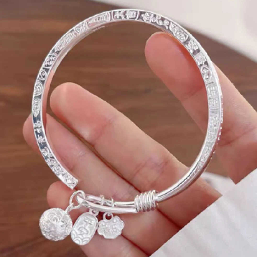 足银手镯 足银999.9吉言开口纯银手镯吊坠时尚简约气质女银手镯