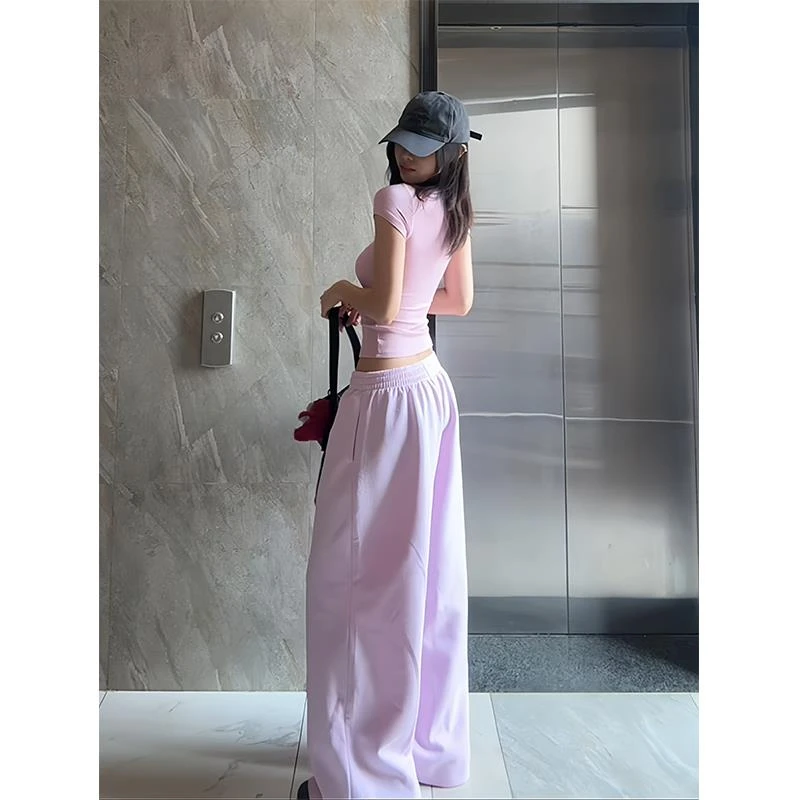 美式复古辣妹粉色休闲阔腿卫裤女夏季2025新款低腰宽松直筒运动裤