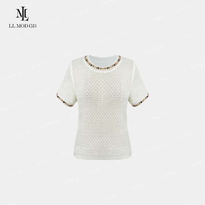爱琴海 重工珠片圆领百搭T恤镂空显瘦气质针织短袖上衣XR-261081