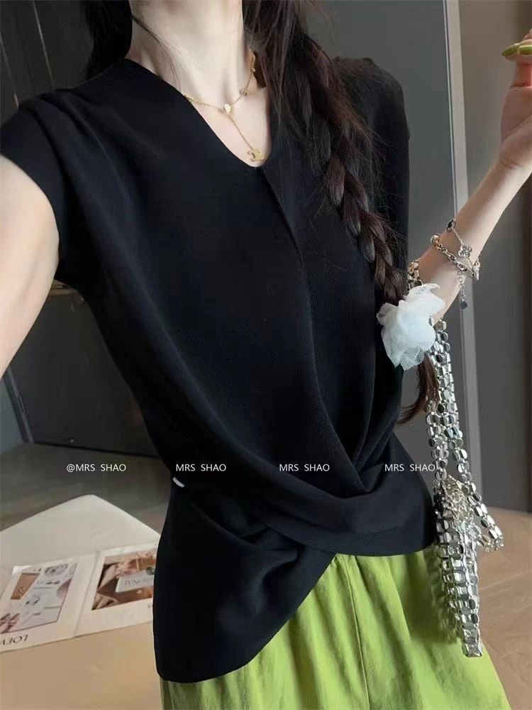 胸98-170长39通勤短袖设计感下摆气质透气针织上衣 1086