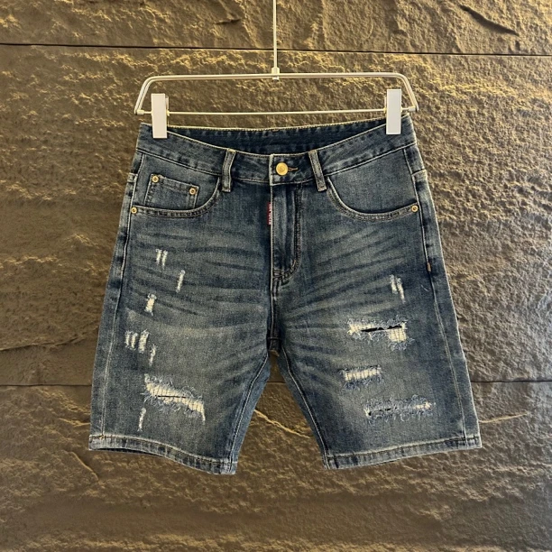 破洞牛仔短裤男夏季薄款中裤美式潮牌磨破补丁港版高街修身五分裤