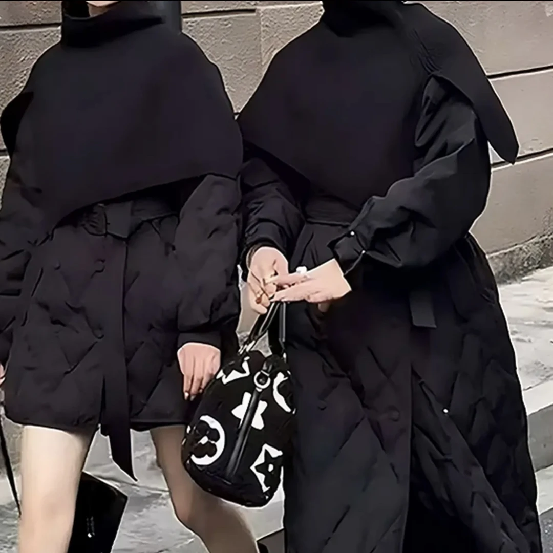 冬季大码韩系针织披肩绑带收腰保暖长短棉服外套22996/522996