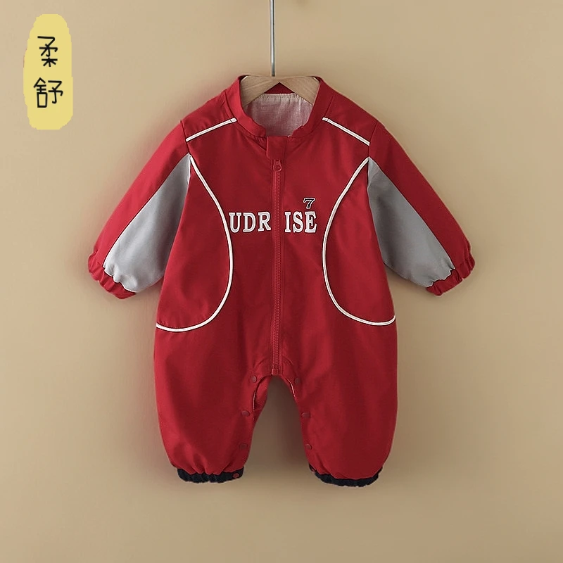 婴儿衣服春秋洋气宝宝机车哈衣满月百天小孩外出服新生儿可爱爬服