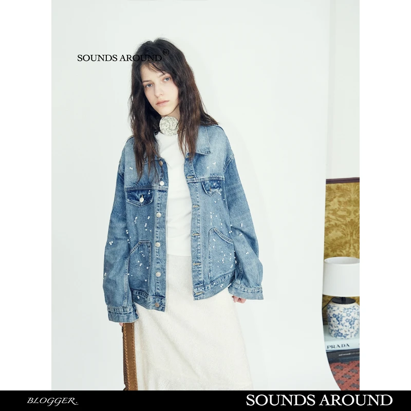 SOUNDSAROUND/SOUNDSAROUND珍珠银闪牛仔夹克