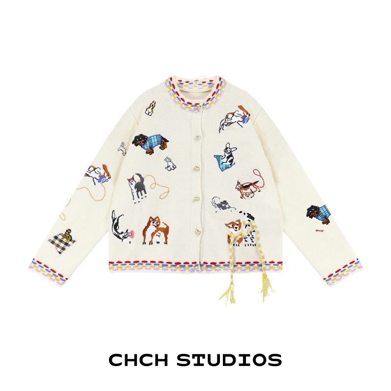 RAKS93601新款刺绣长袖针织开衫外套女早秋软糯宽松针织衫上衣