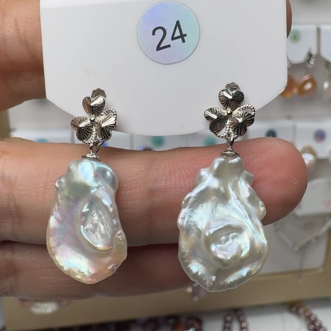 耳饰银S925镶嵌淡水珍珠