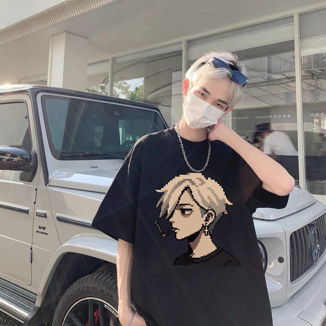 100%重磅纯棉短袖T恤男装夏宽松潮酷流行创意动漫半袖男女同款NW1