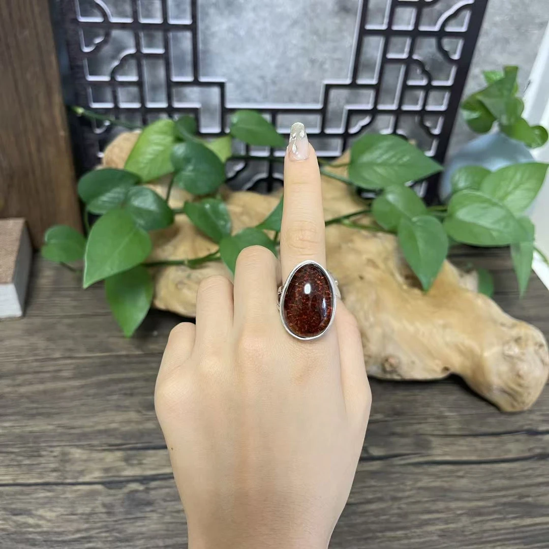 LYliuyng天然琥珀火焰红手工银蜜蜡戒指复古风格银镶简约时尚