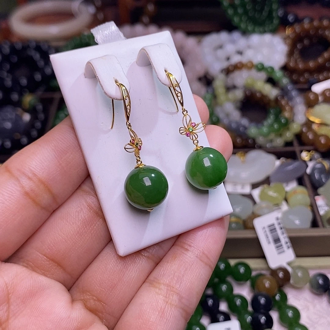 和田玉未镶嵌颈饰碧玉满色满绿金镶耳坠