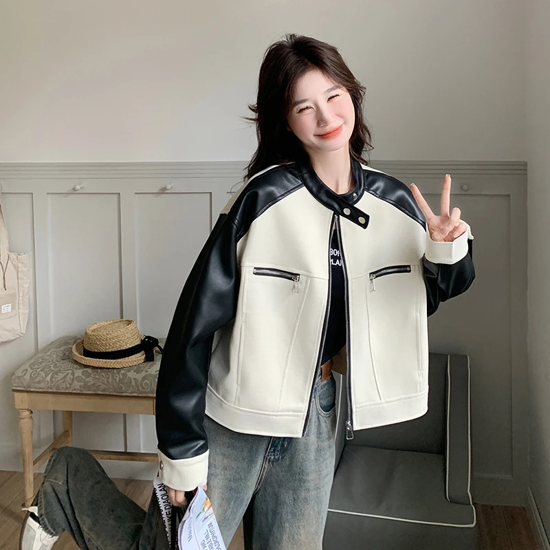 黑白撞色PU皮衣短外套女2025春秋新款高级感小个子宽松夹克机车服