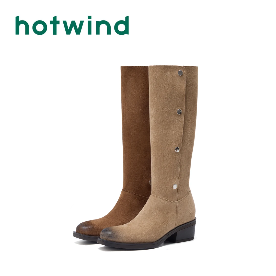 Hotwind/热风2025新款百搭瘦瘦厚底高筒靴秋冬女士长筒过膝厚底靴
