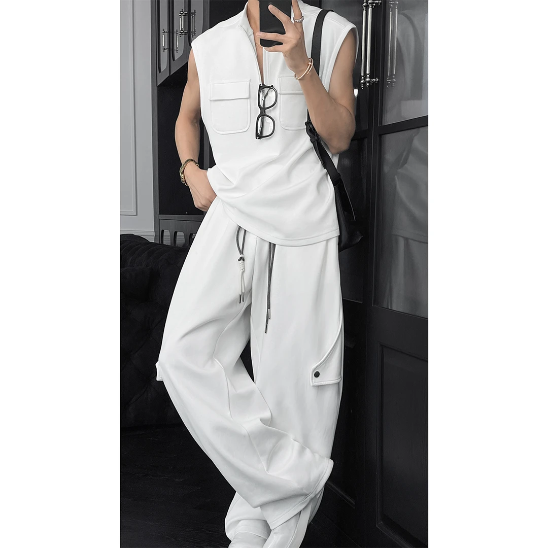 龙叨叨夏季新款潮流简约高级感立领马甲背心百搭宽松弯刀长裤套装