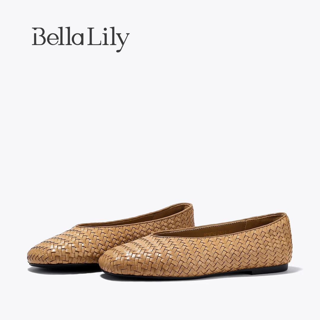 BellaLily2025秋季新款森系编织浅口单鞋牛皮一脚蹬度假风平底鞋