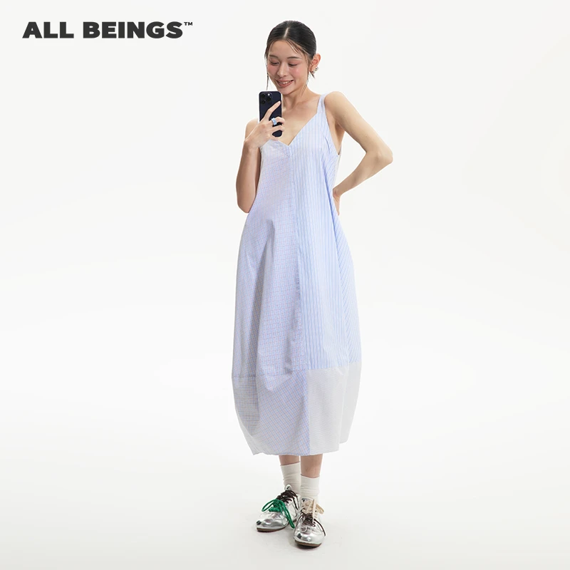 ALL BEINGS【小瑕疵 介意勿拍】浅蓝混拼吊带时尚休闲宽松连衣裙