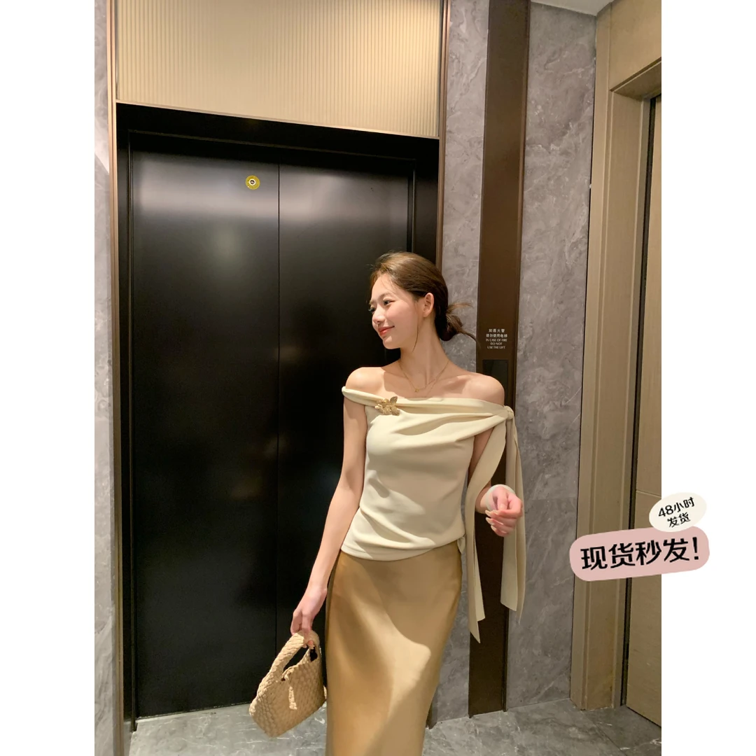 万万不熬夜【云上香草】小众设计感斜肩短袖T恤夏季蝴蝶结绑带上衣