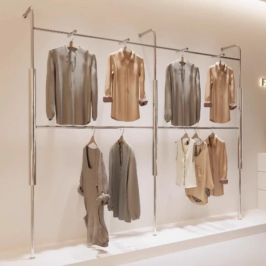 不锈钢服装店上墙展示架双层男女装顶天立地货架陈列道具挂衣架子